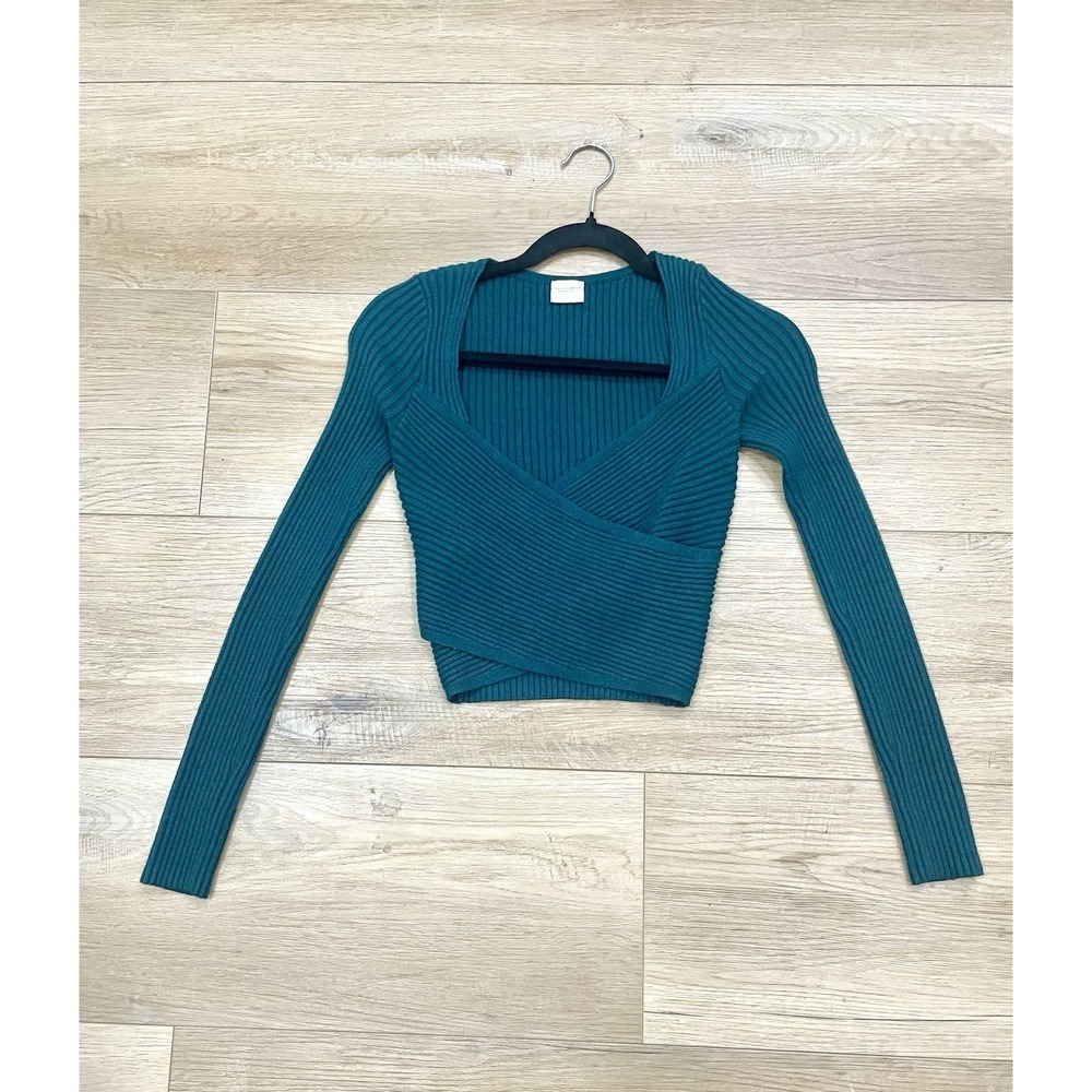 Abercrombie LuxeLoft Slim Wrap Crop Sweater S Green Emerald Balletcore Ribbed